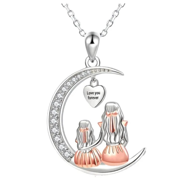 Collier pendentif Mère Fille Lune, Je t'aime pour toujours, Cœur